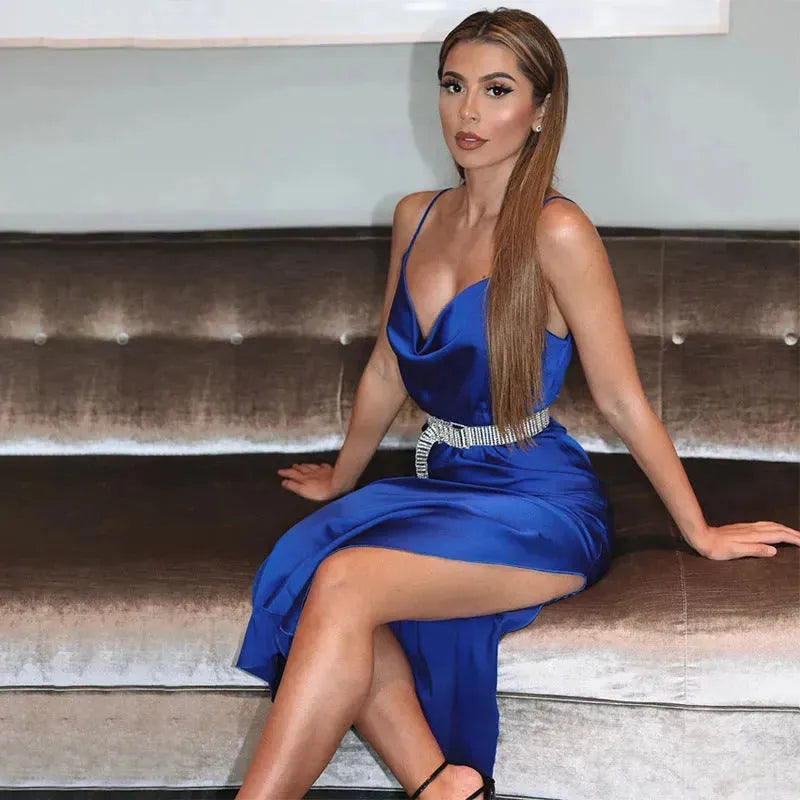 ساتان ساتان للسيدات قرنين عنق بلا أكمام فستان صيفي