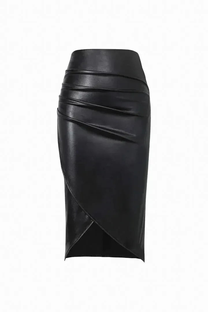 Front Split Leather Skirt Formal Office Work High Waist Sheath midi black Skirt - EX-STOCK CANADA