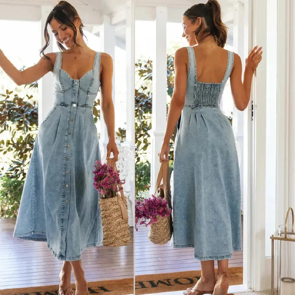 Women's sleeveless Denim Buckle Strap Midi maxi Dress - EX-STOCK CANADA