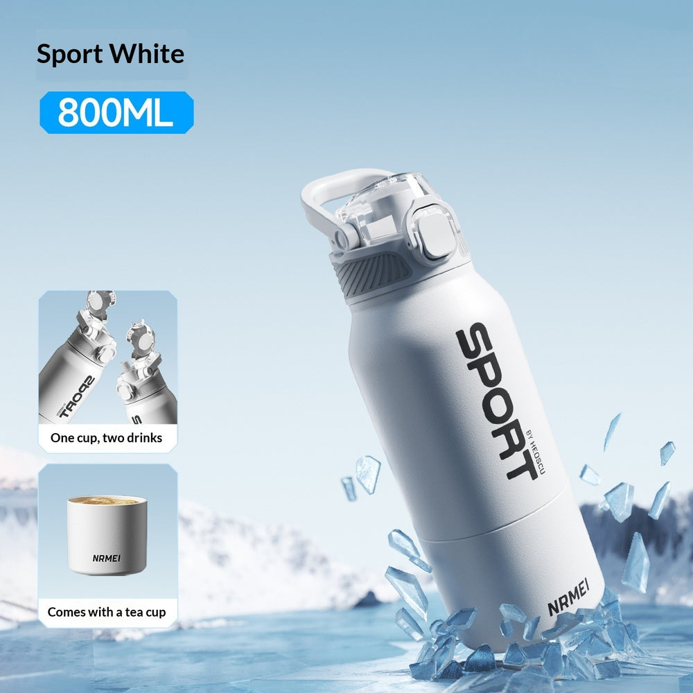 A white insulated water bottle labeled SPORT and NINECI, shown in a stylized icy setting with text reading 800ML and Sport White. Two inset callouts on the left mention capacity and a tea cup included with the bottle.