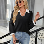 Casual Color Matching Lapel Long Sleeve Blouse Top Women