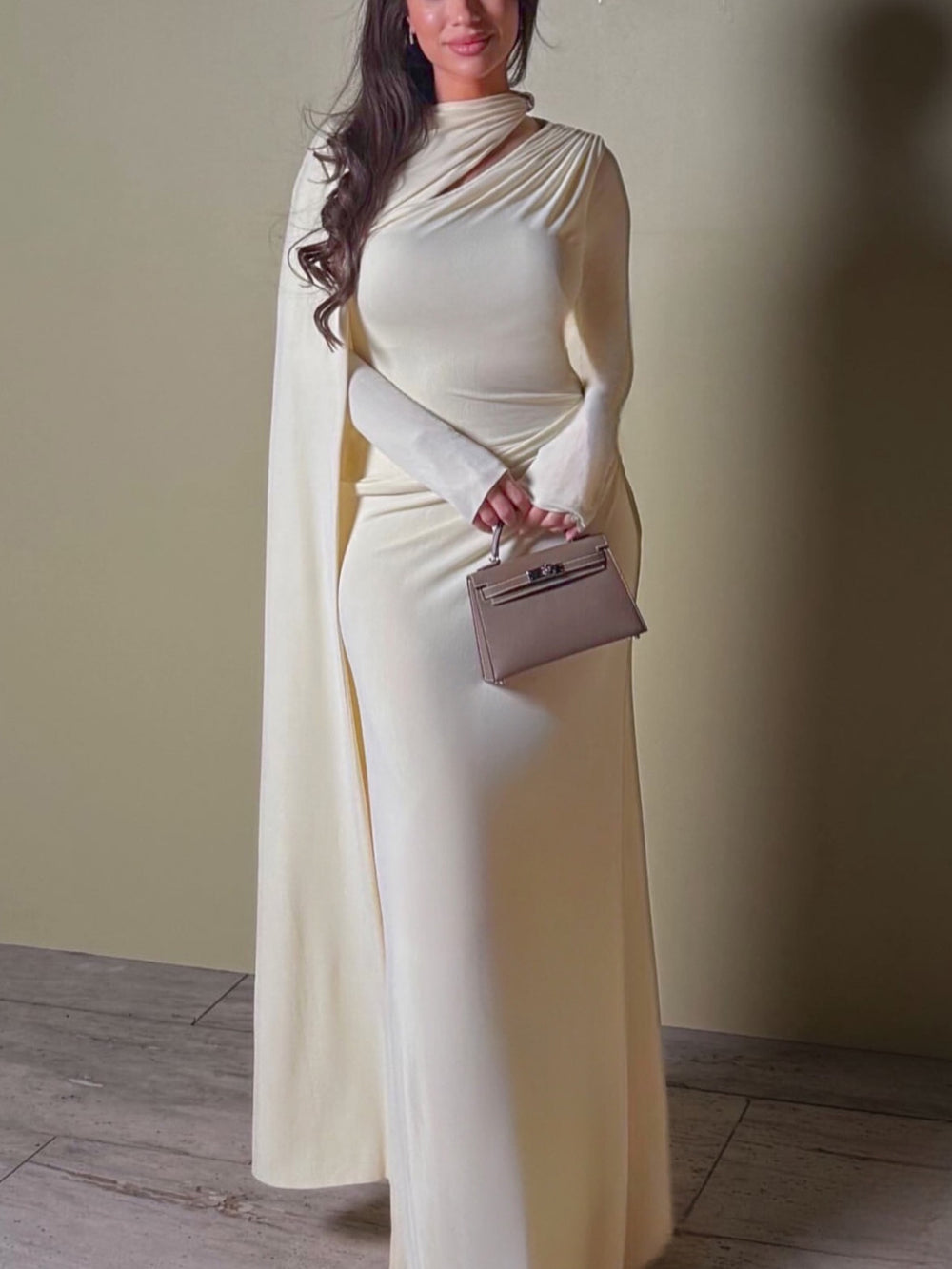 Women's Solid Color Pleated Cape-Sleeve Maxi Dress – Elegant Evening Gown | Apricot | Sizes XS–XL 3