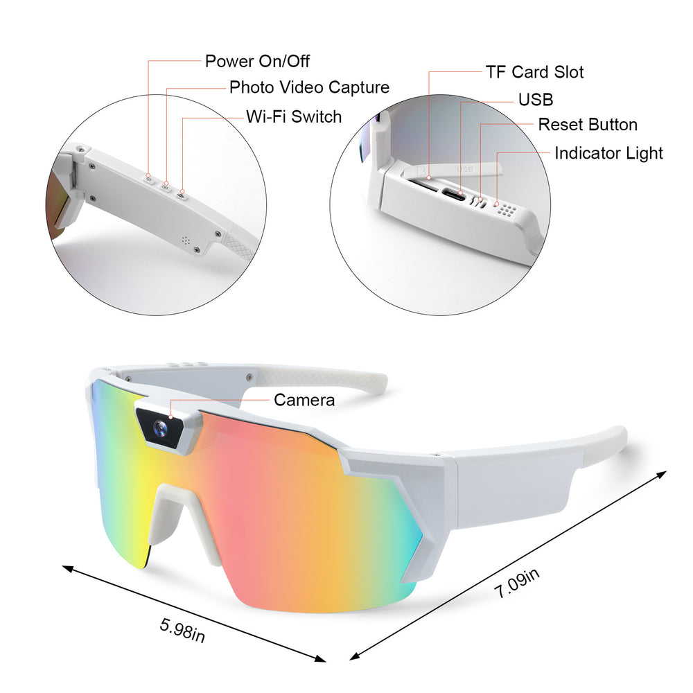 Sunglasses with technical diagram showing features and dimensions on a white background