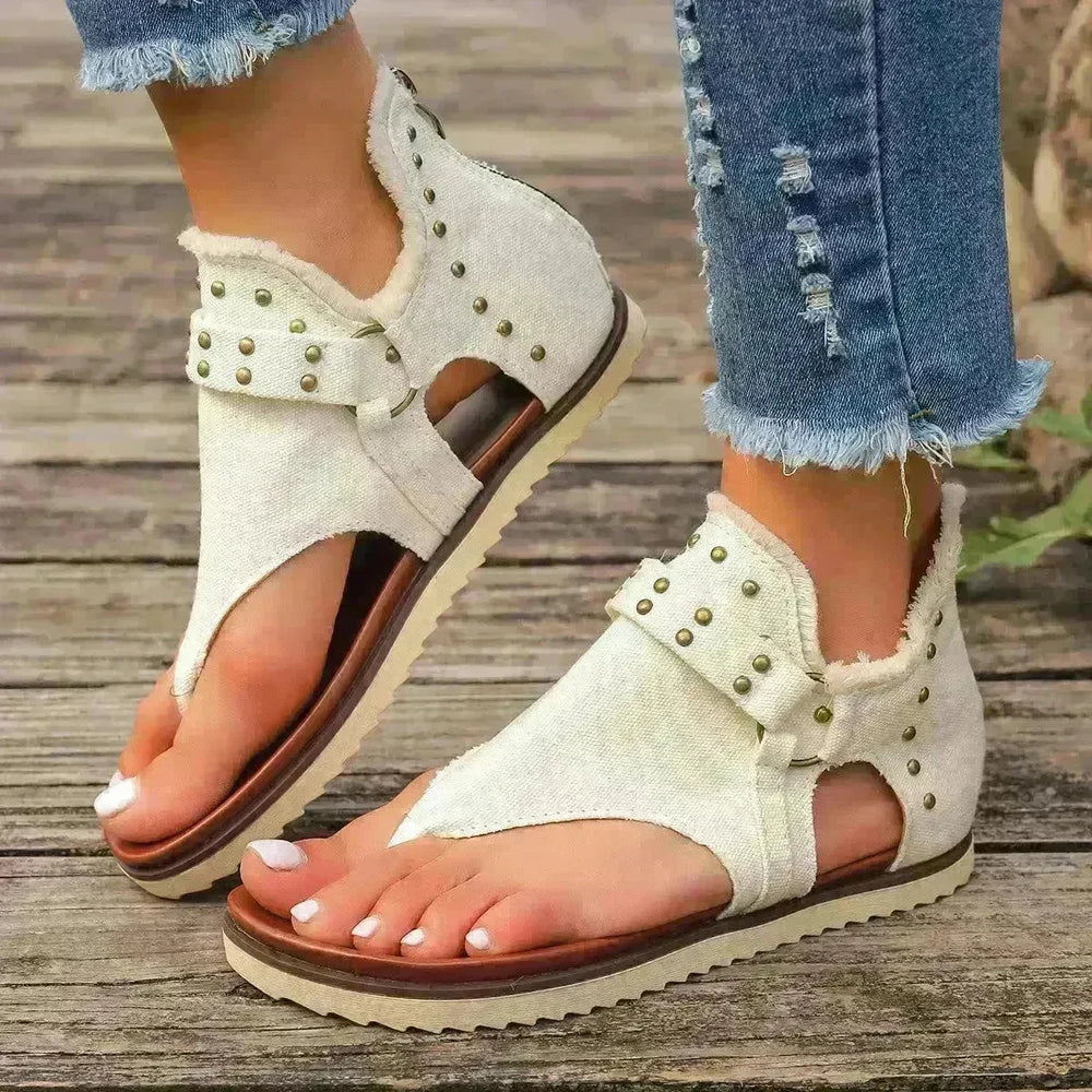 Denim Thong Sandals With Rear Zipper Summer Retro Beach Flat Sandals - EX-STOCK CANADA