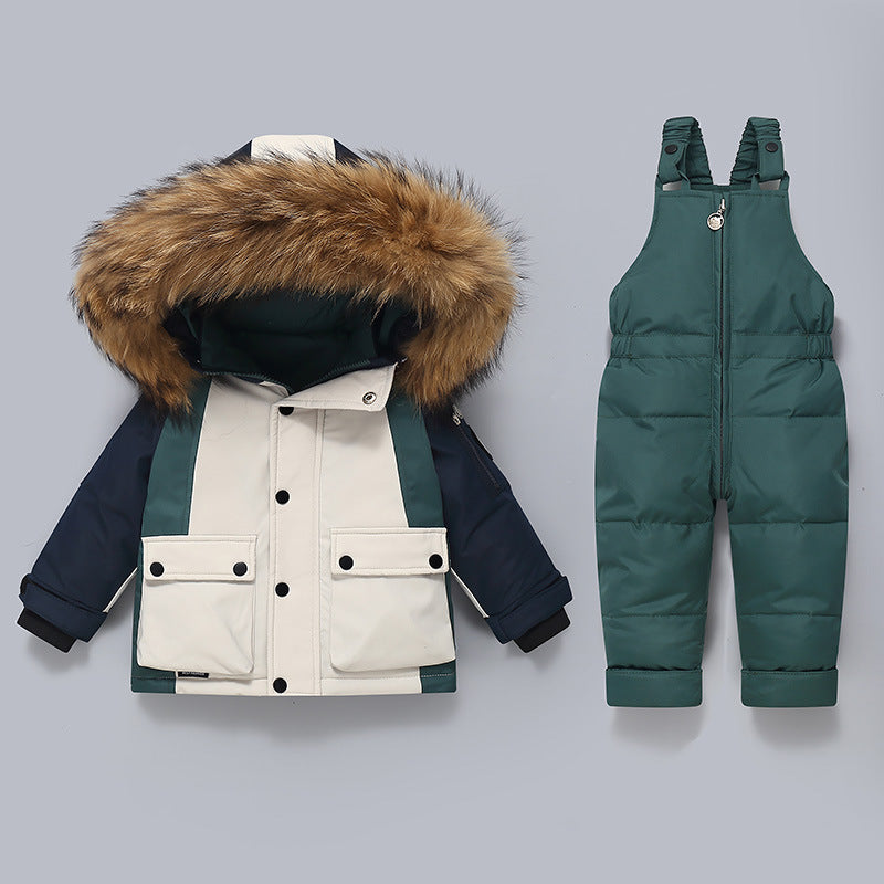 Kids Thickened Down Jacket & Bib Overalls Two-Piece Winter Set | Boys Girls Snowsuit