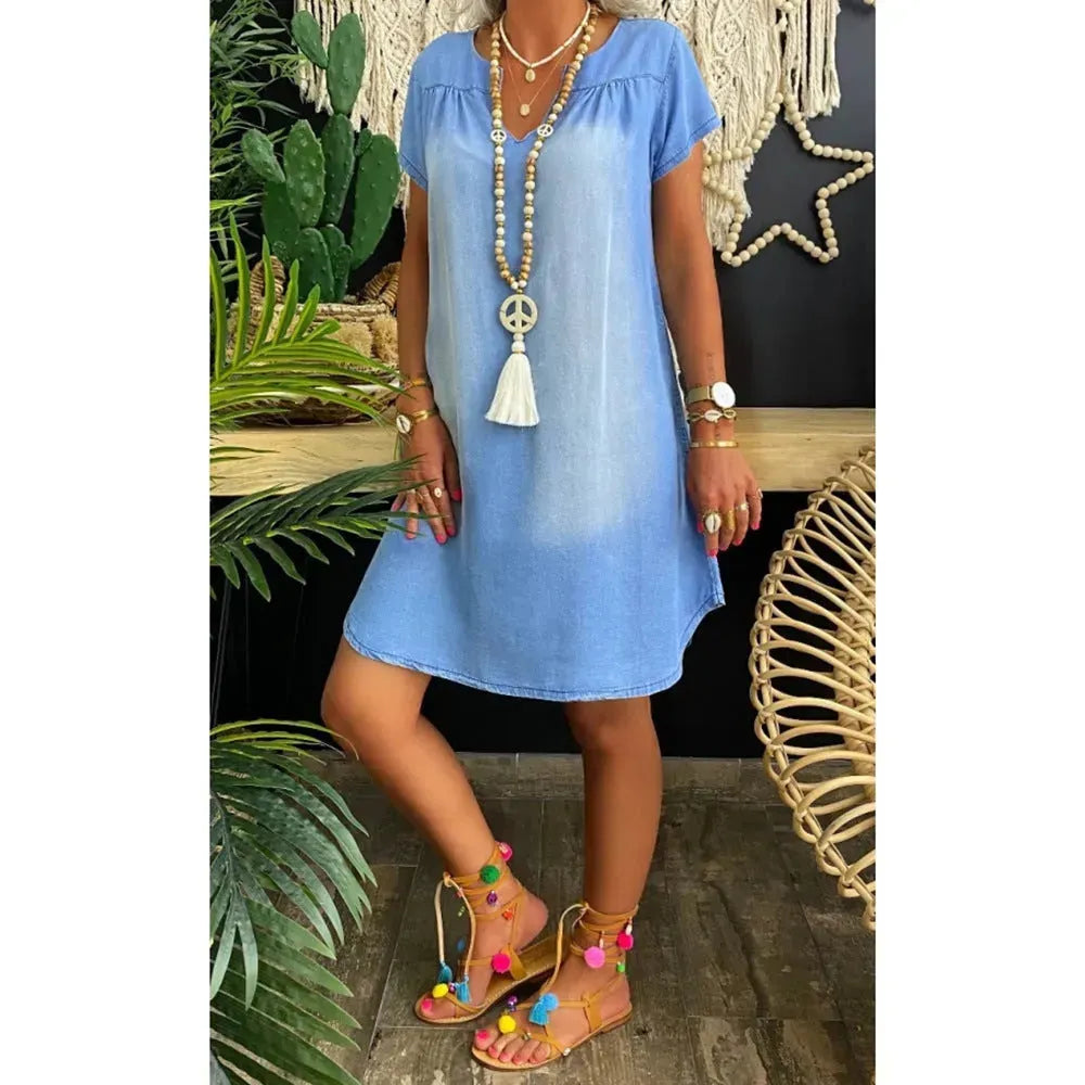 Round Neck Pleated Loose Solid Color Casual Plus Size Denim Dress - EX-STOCK CANADA