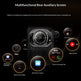 Multifunctional rear auxiliary screen with various icons and text on a black background