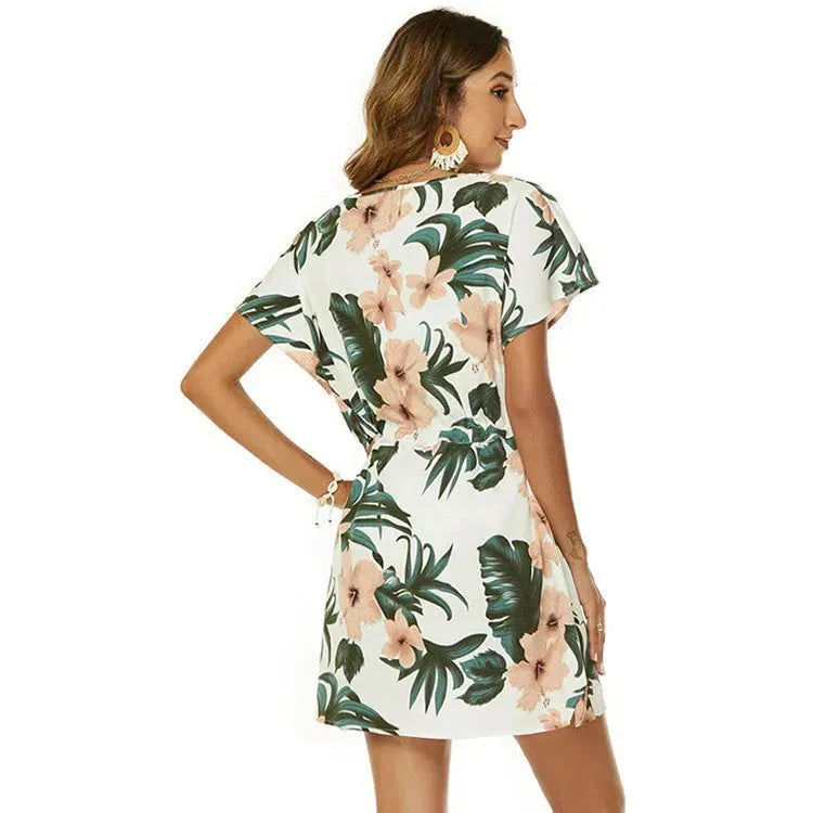 Dolman Sleeves Dress Summer Printed Drawstring V-Neck Beach Dresses For Women - EX-STOCK CANADA
