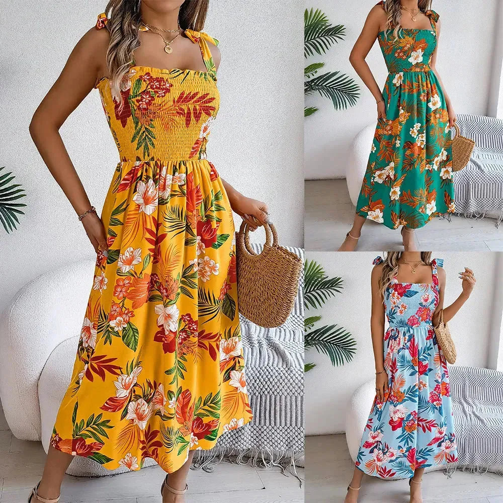 Flowers Print Suspender Corset Dress Ins Fashion Holiday Beach Long Dresses Summer Clothing For Women - EX-STOCK CANADA