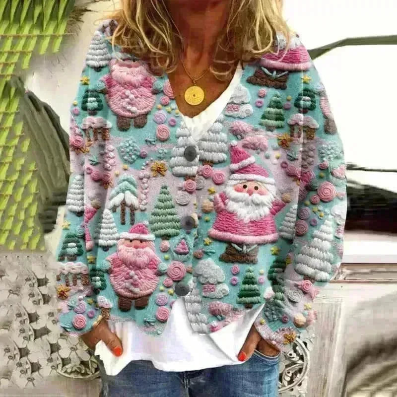 New Christmas Abstract Flowers Printing Sweater Fashion Casual Short Cardigan Coat Womens Clothing - EX-STOCK CANADA