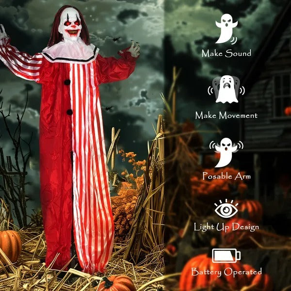Life Size Halloween Animated Clown With Red Light Up Eyes, Sound Activated Scary Halloween Decorations, Battery Operated EX-STOCK Canada 