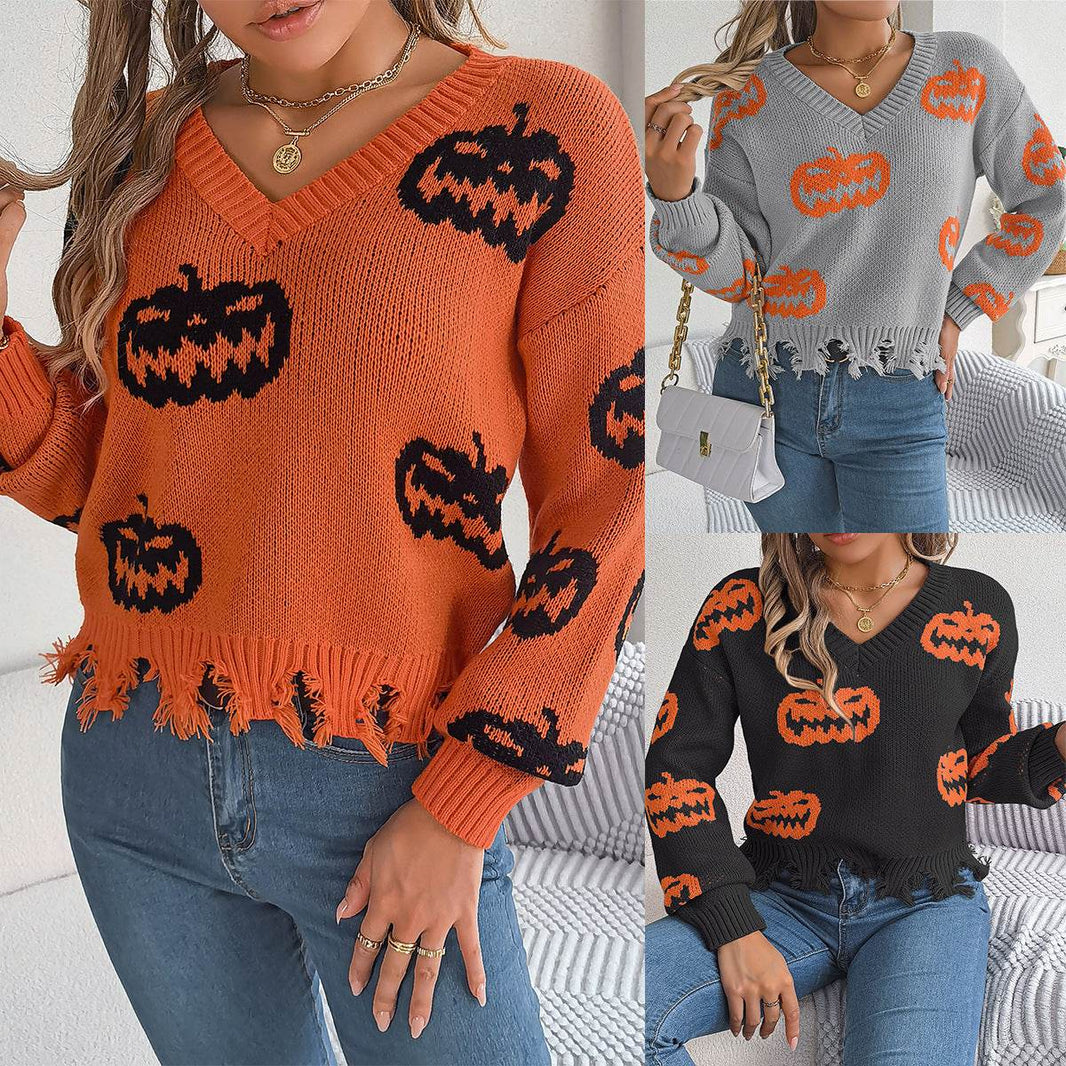 Halloween Contrast Color Pumpkin Cut Long Sleeve Sweater EX-STOCK