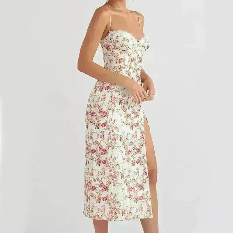 Women's Floral Spaghetti Strap Cami Dress Lace Trim Side Slit Bodycon Midi summer Dress - EX-STOCK CANADA