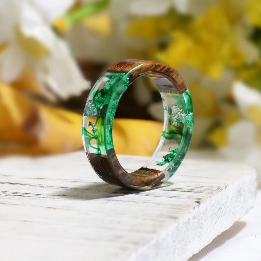 Cross-border Foreign Trade New Wood Resin Ring Diy Handmade Dried Flower Epoxy Ring