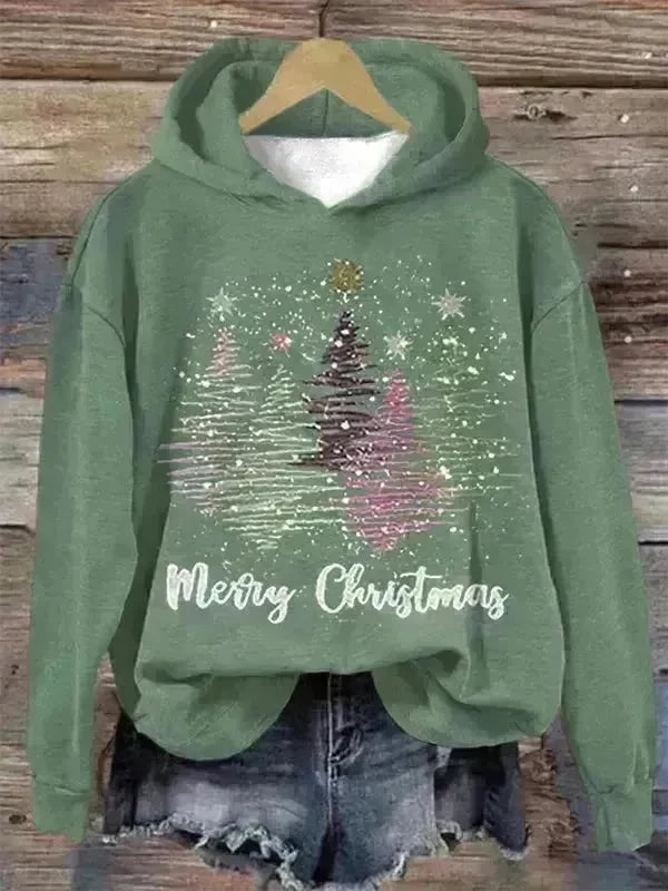 Round Neck Hooded Long Sleeve Four Christmas Trees Loose Hoodie Sweatshirt - EX-STOCK CANADA