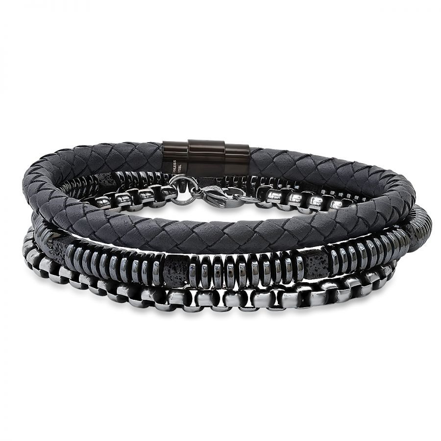 SteelTime Men's Black Leather and Stainless Steel Bracelets with Haematite and Lava Stone 