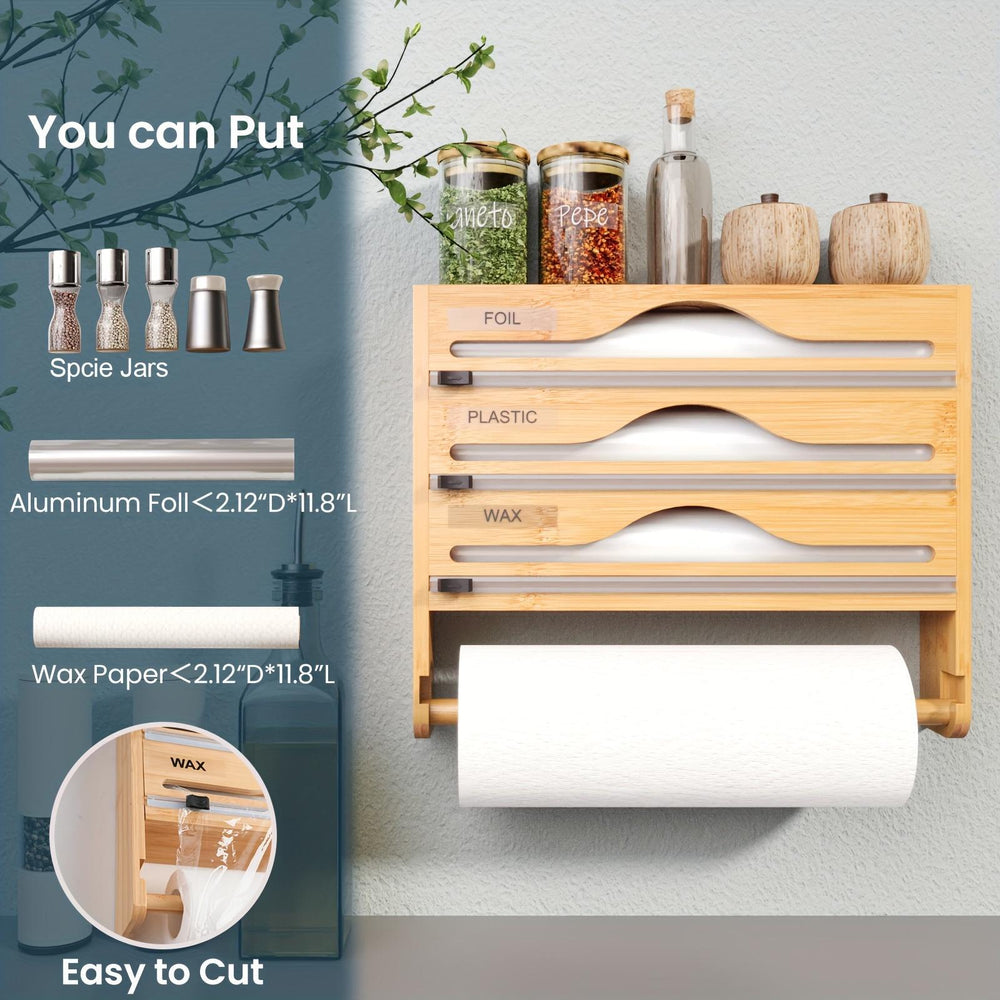Bamboo Plastic Wrap Cutter With Paper Towel Holder Kitchen Wall-mounted Tinfoil Cutter With Three-grid Cutter And Paper Towel Storage Rack EX-STOCK