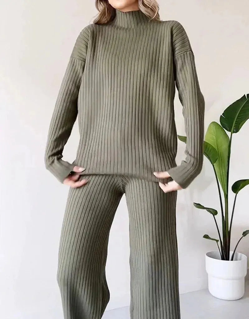 Casual 2pcs Co ord Winter Turtleneck Knitted Suit Loose Split Long-sleeved Top And Straight Trousers Fashion Casual Solid Set Women's Clothing - EX-STOCK CANADA
