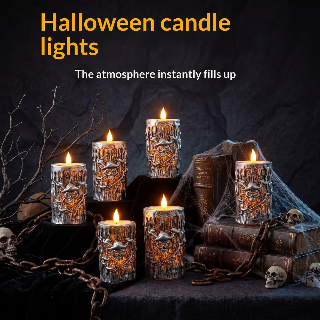 Antique silver resin Halloween skull electronic candle lamp – product view 1