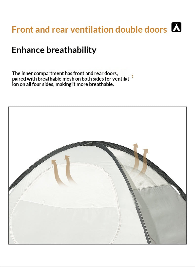 Feature graphic for a tent showing front and rear double ventilation doors with arrows indicating airflow, accompanied by descriptive text on enhancing breathability.