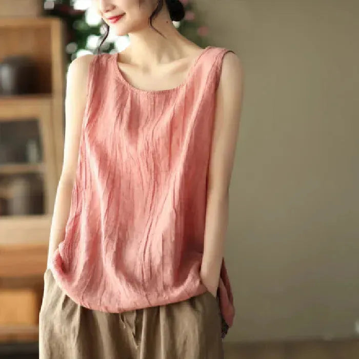 Casual Cotton And Linen Art Solid Color Loose-fitting Versatile summer blouse Top  For Women - EX-STOCK CANADA