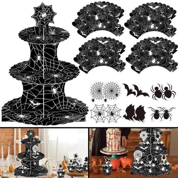 3 Tier Halloween Cupcake Stand Black Spider Web Cardboard Cupcake Stand Spider Bat Cupcake Toppers Halloween Cupcake Holder Tower For Halloween Birthday Party Supplies EX-STOCK