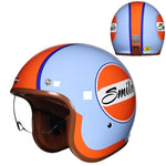 Colorful motorcycle helmet with 'Smile' logo on a white background