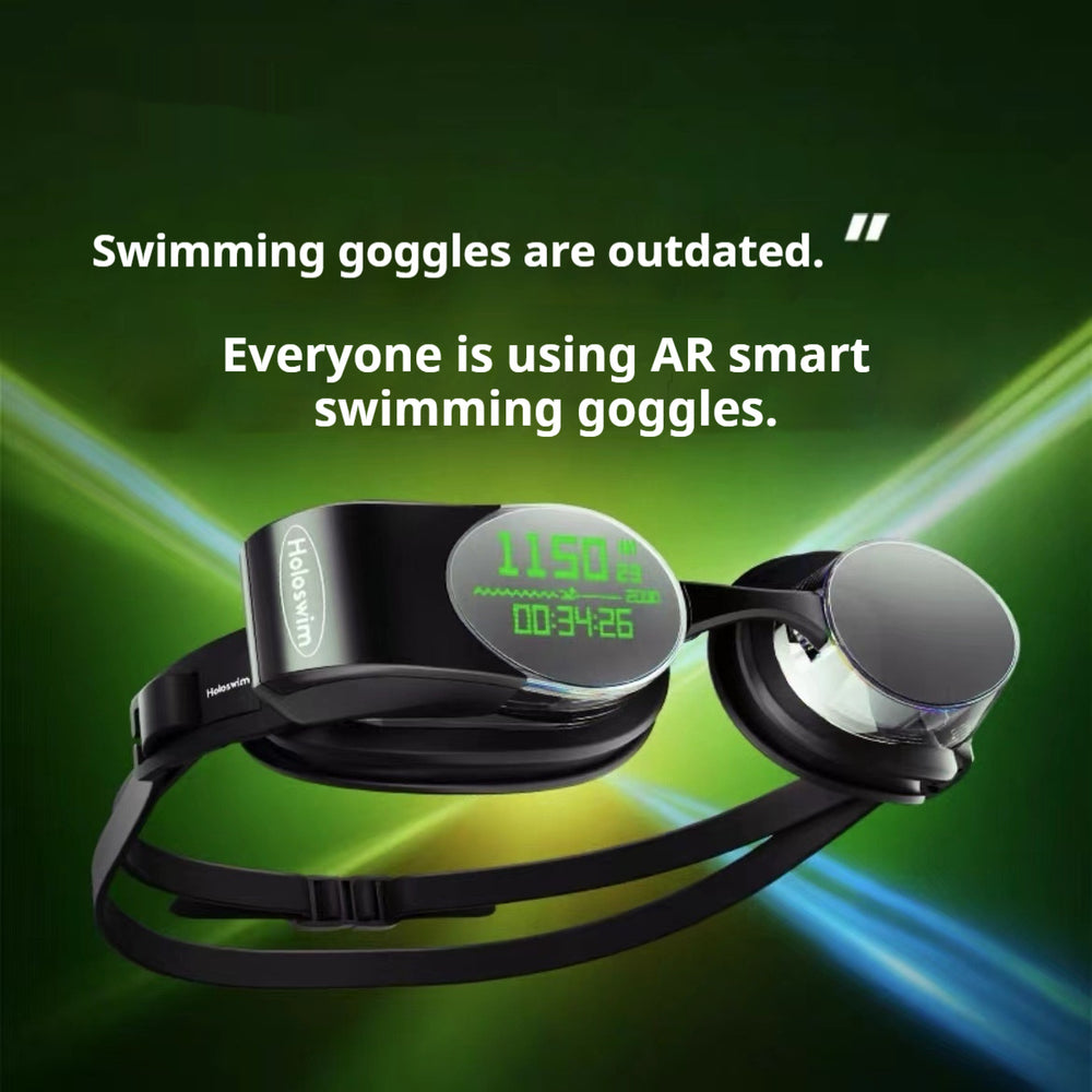 Black smart swimming goggles with a digital display screen showing time and depth, set against a green and black background with promotional text.