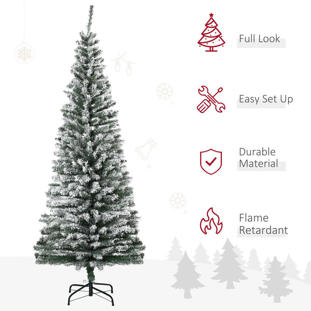 6ft Flocked Christmas Tree, Pencil Christmas Tree With Realistic Branch Tips, Folding Metal Stand, Green EX-STOCK Canada 