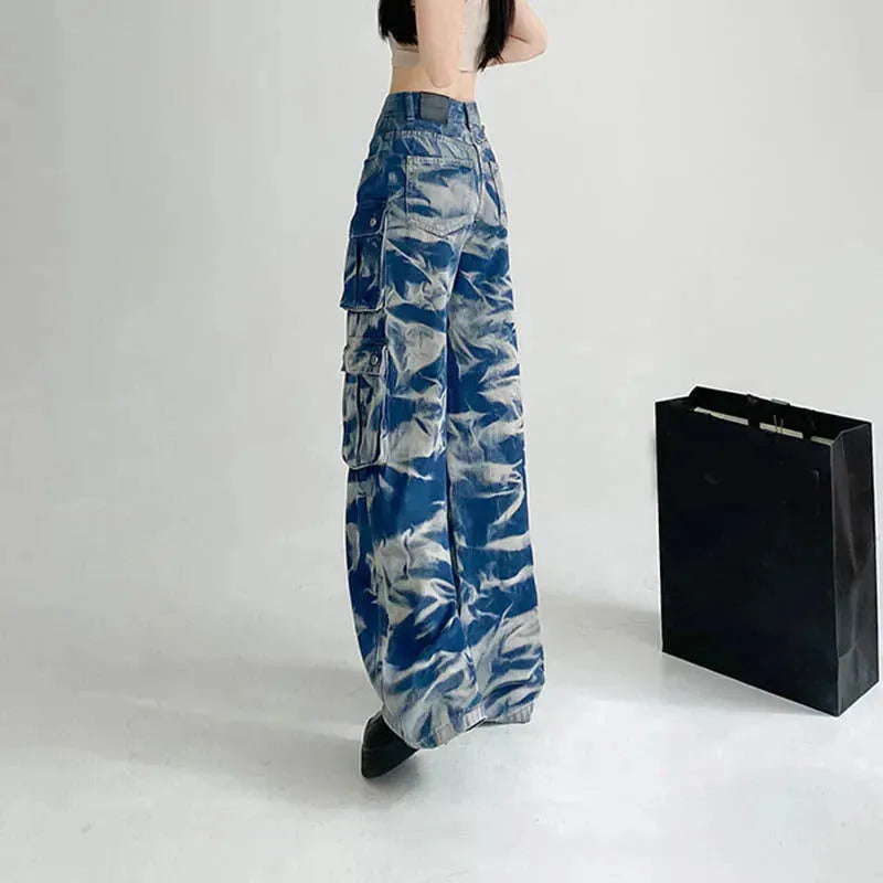 New Tie-dye Baggy CargoTrousers With Pockets Y2K Fashion High Waist Loose Wide Leg Pants Spring And Autumn - EX-STOCK CANADA