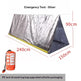 Silver emergency tent shown with red dimension lines indicating 240cm by 150cm by 90cm, plus a small orange drawstring bag labeled LIFE TENT in the lower left on a white background.