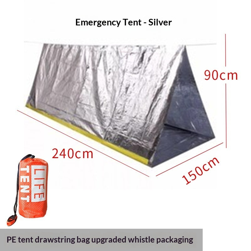 Silver emergency tent shown with red dimension lines indicating 240cm by 150cm by 90cm, plus a small orange drawstring bag labeled LIFE TENT in the lower left on a white background.