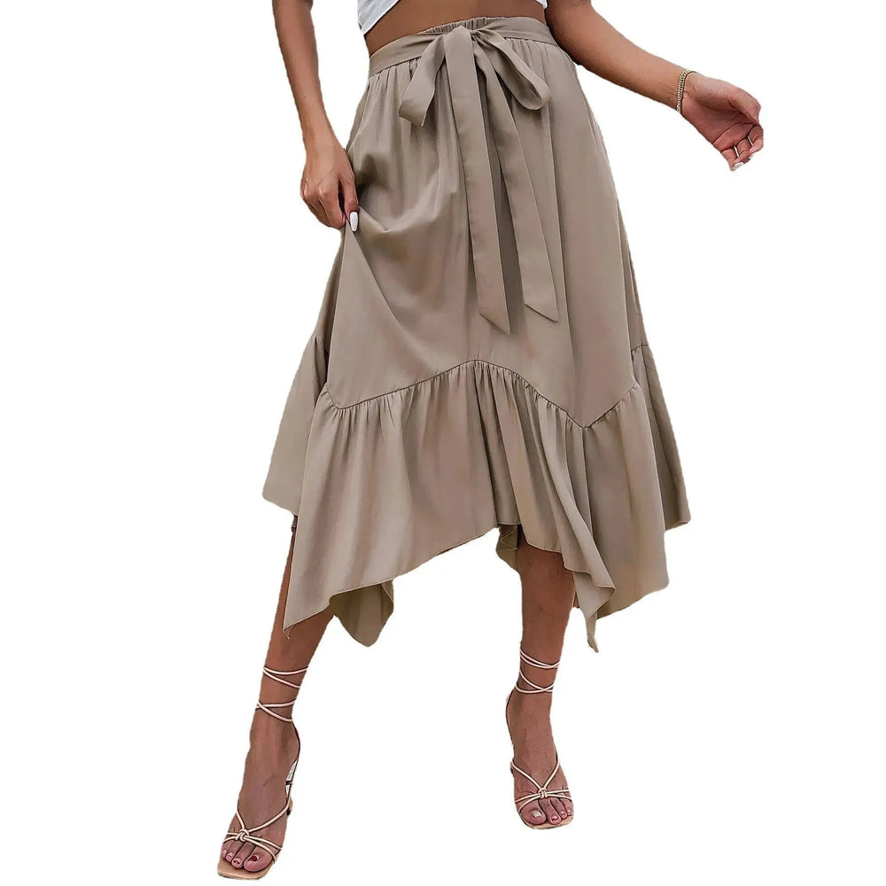 Women's Mid-length Lace-up Irregular Stitching Ruffle Midi Skirt - EX-STOCK CANADA