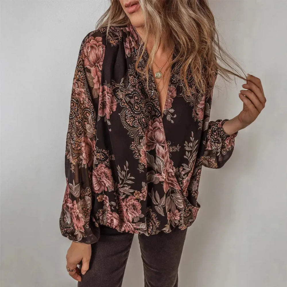 V-neck Long Sleeve Top Floral Print Women's Chiffon blouse Women - EX-STOCK CANADA