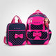 Pink and navy backpack set with polka dots and bows on a white background