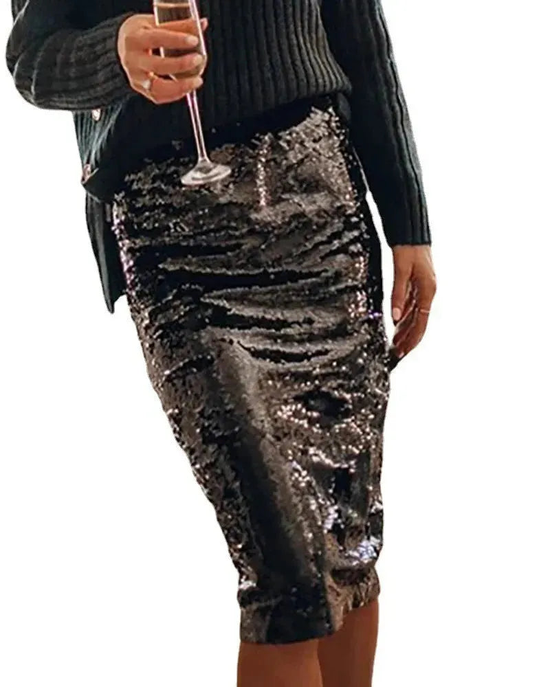 Sequined Glittering Hip A Line Pencil Midi Skirt - EX-STOCK CANADA