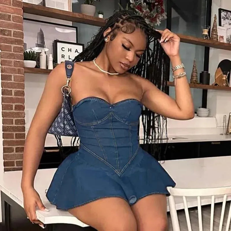 Fashion Tube Top Denim short mini Dress for Club - EX-STOCK CANADA