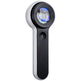Handheld magnifier with a black handle and silver top on a white background