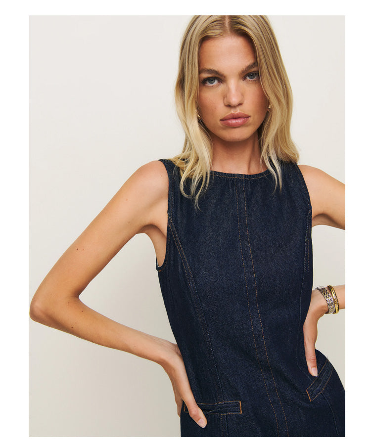 French Fashion Round Neck Slim Fit Denim Sleeveless Dress 