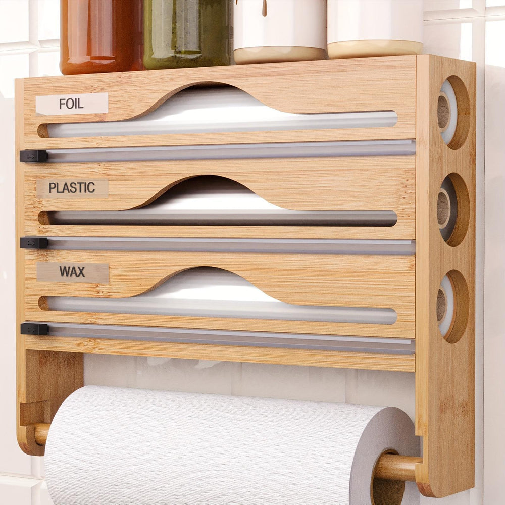 Bamboo Plastic Wrap Cutter With Paper Towel Holder Kitchen Wall-mounted Tinfoil Cutter With Three-grid Cutter And Paper Towel Storage Rack EX-STOCK
