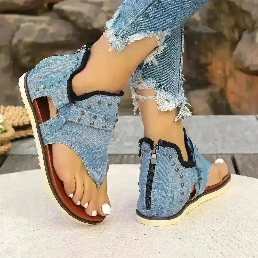 Denim Thong Sandals With Rear Zipper Summer Retro Beach Flat Sandals - EX-STOCK CANADA