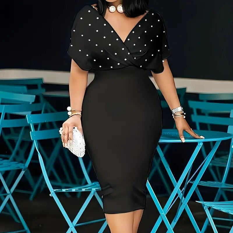 Women's Back Zipper dress Elegant Deep V Neck Wrap Bodycon Dress Pencil Midi Dress EX-STOCK