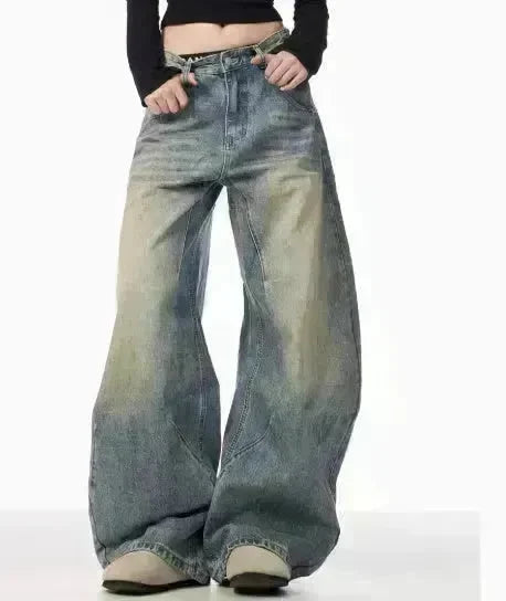 American Retro Washed Distressed Loose Wide-leg Baggy Jeans Pant For Women - EX-STOCK CANADA