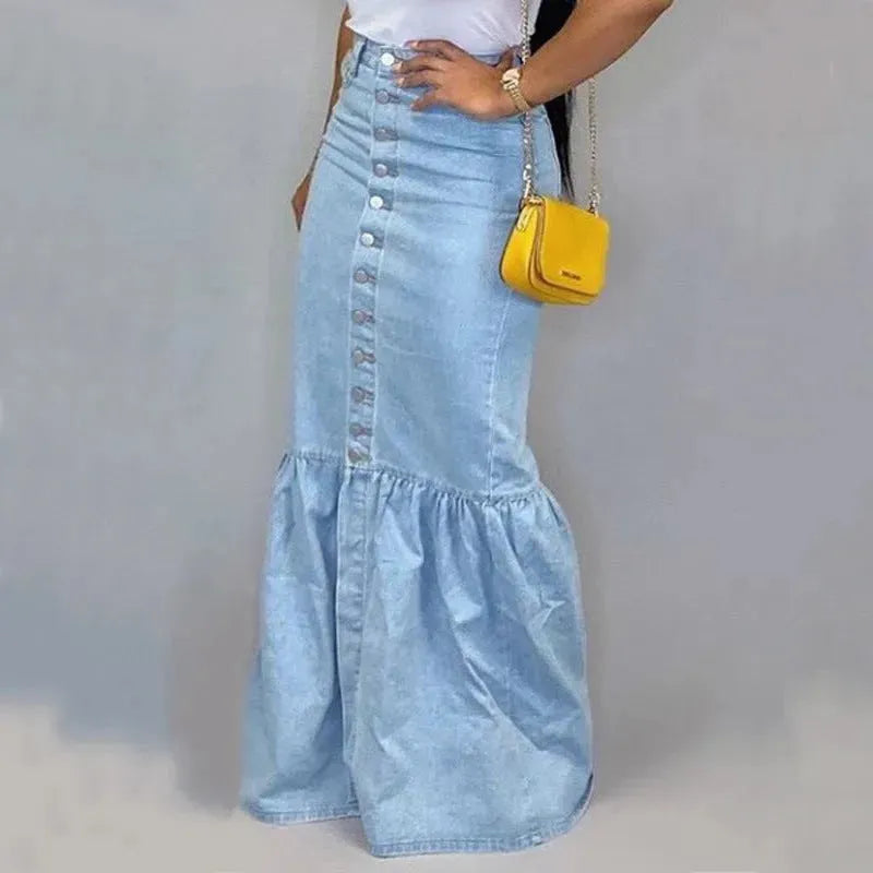 Women's Slim-fit Peplum Patchwork Long Denim Skirt fish tail style Jeans Skirt - EX-STOCK CANADA