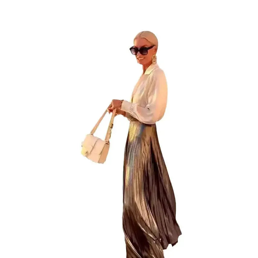 Satin Long Sleeve Shirt & Glossy pleated maxi Skirt 2pcs - EX-STOCK CANADA