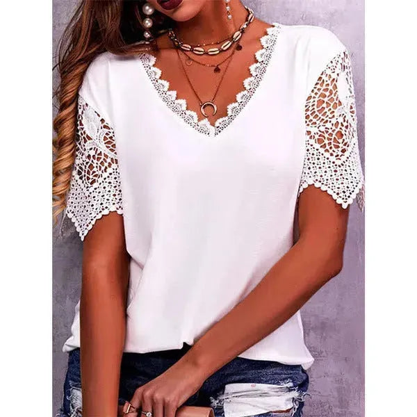 Summer Lace Tops Loose V Neck Short Sleeve Casual top - EX-STOCK CANADA