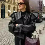 Chaqueta de cuero recortada de la solapa de la solapa de moda para mujeres