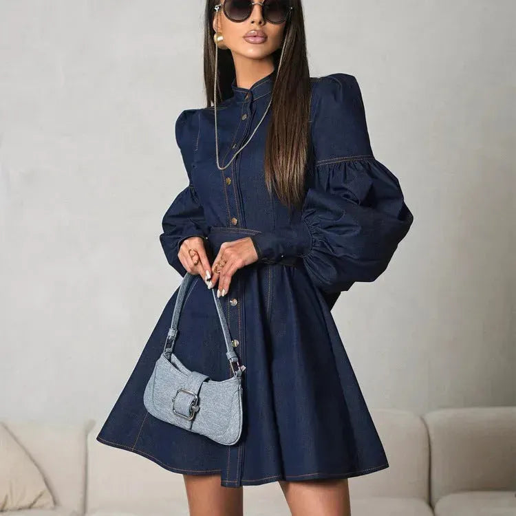 Classy Fashion Lantern Sleeve Button down Denim Shirt flared Mini Dress - EX-STOCK CANADA