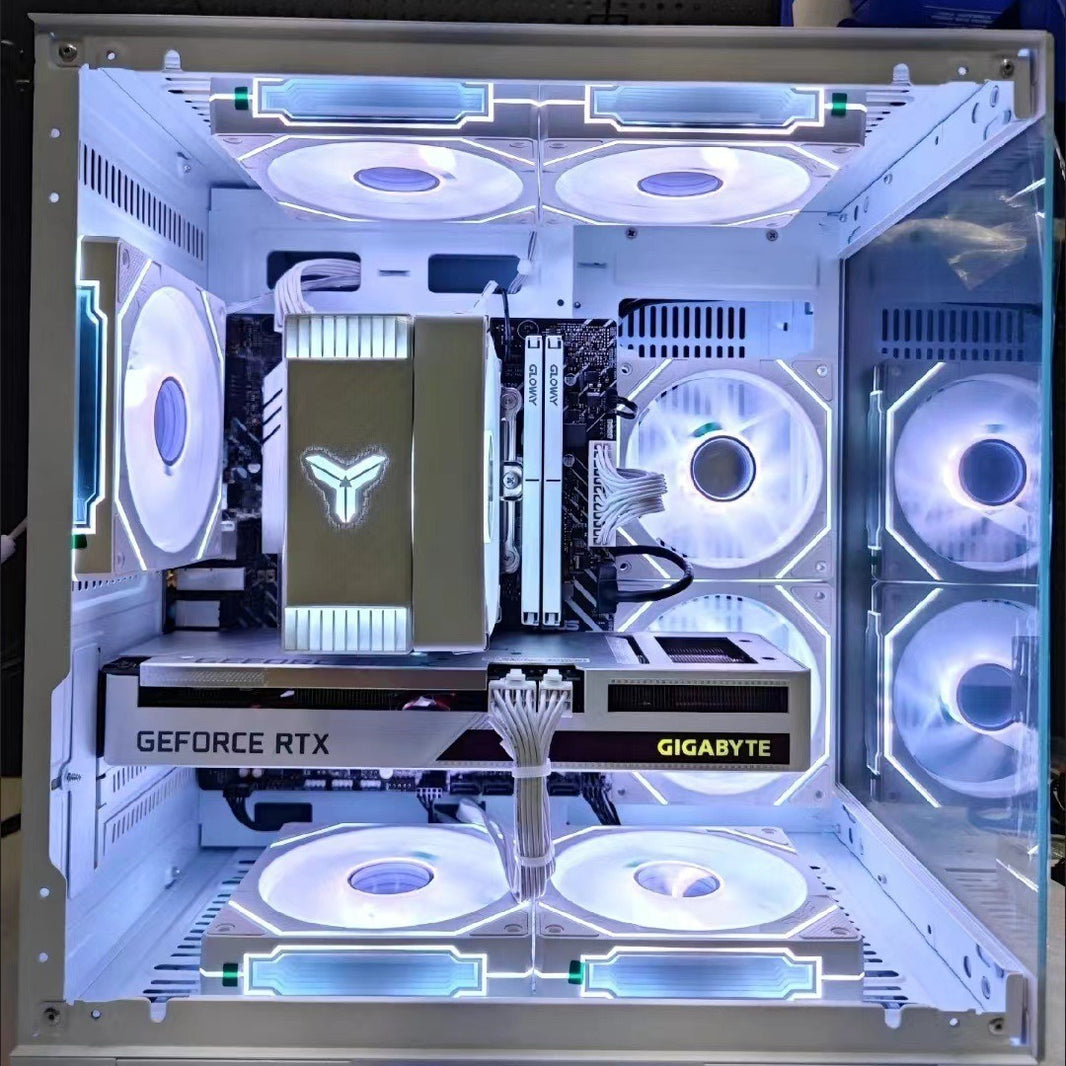 Open computer case with visible hardware components inside, featuring a GeForce RTX graphics card and Gigabyte branding.