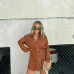 Elegant Women's Long Sleeve  Button down Shirt Dress  Fashionable Short Outfit Set Two piece Suit  Set - EX-STOCK CANADA